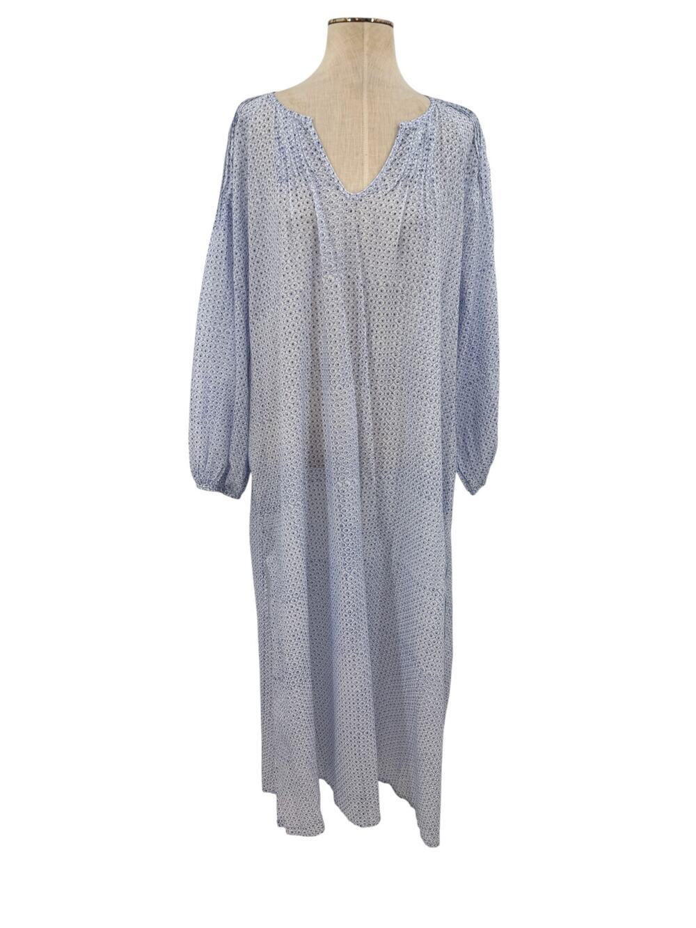 Roller Rabbit Cotton Floral Pintuck Long Sleeve Midi Dress Blue White Size Small